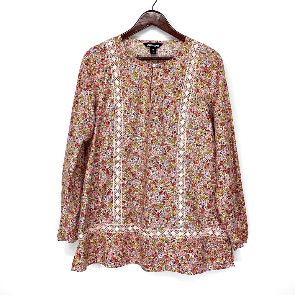 Lands’ End Pink Multicolored Boho Micro Flower Power Print Blouse Size Medium